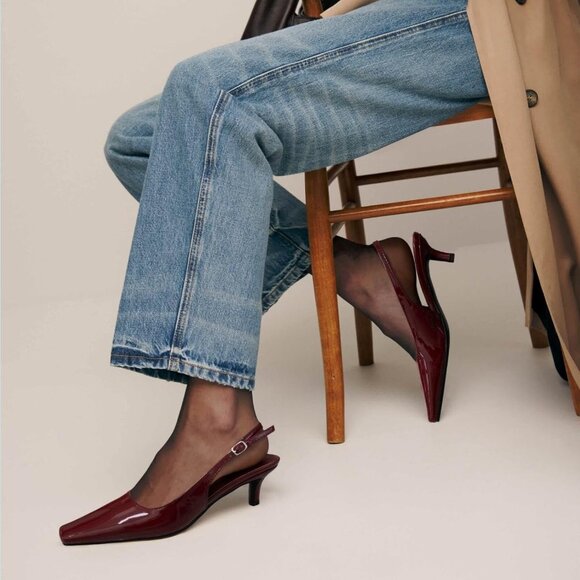 Burgundy Women's Slingback Kitten Closed Pointed Toe Pumps Low Heel Office Shoes - Picture 7 of 7